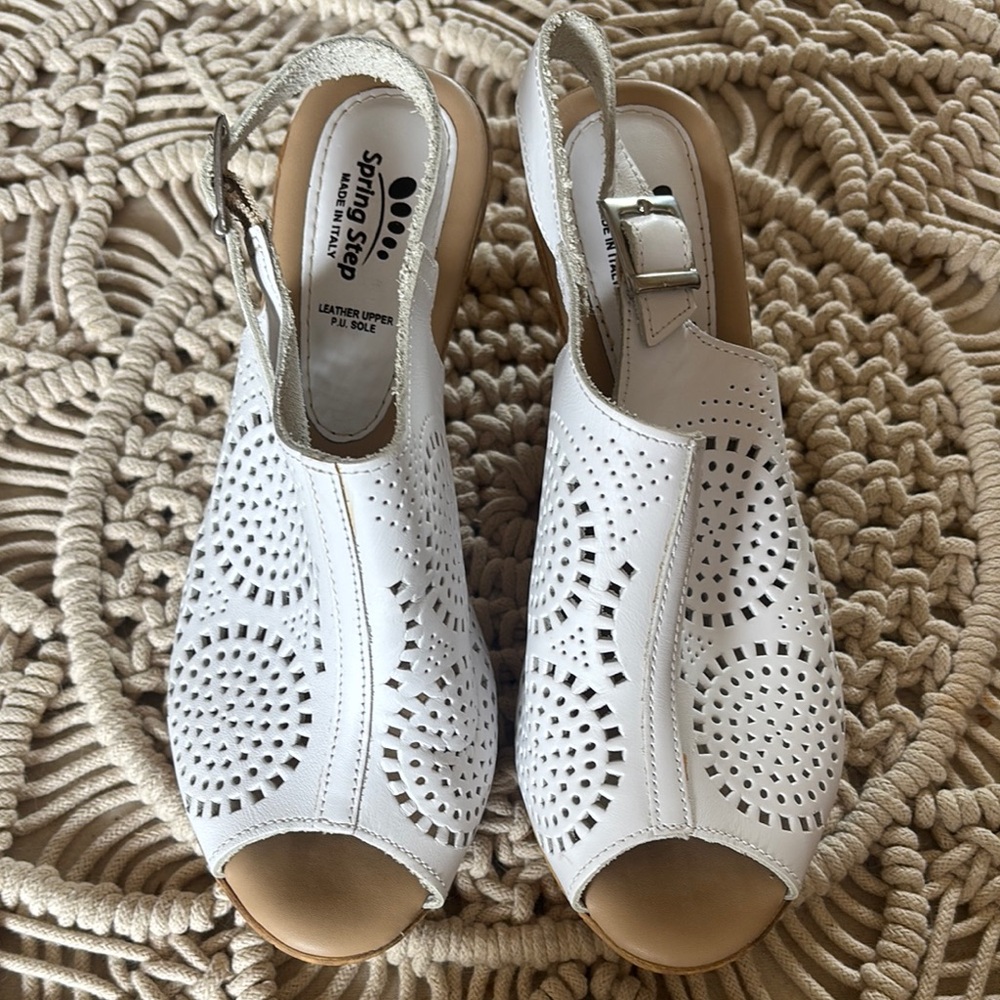 Spring Step White Tan Wedge Sandals with Perforated Design - Picture 2 of 9